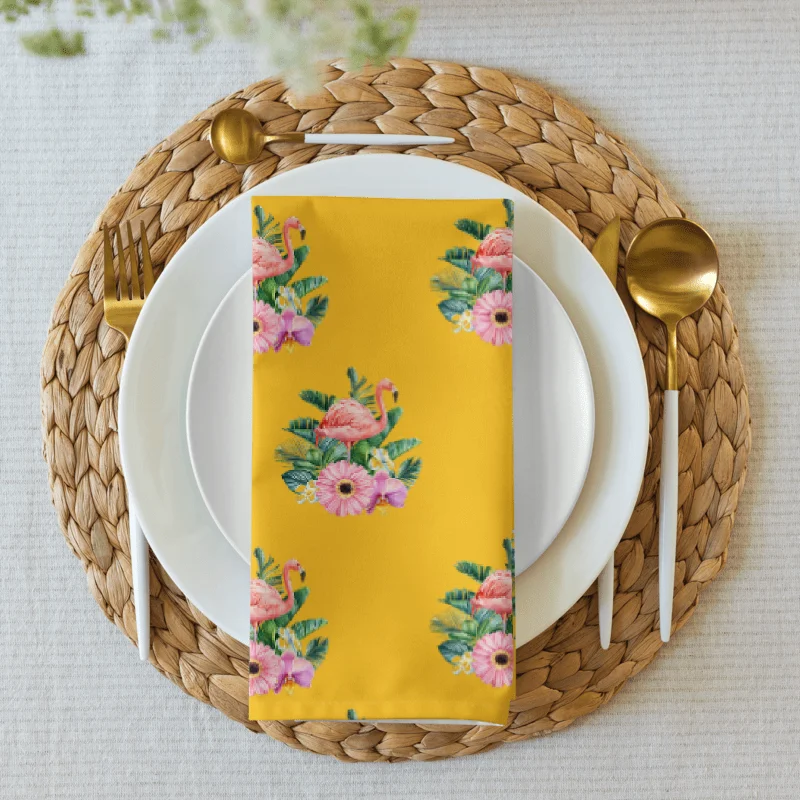 TROPICAL FLAMINGO & FLORAL CLOTH NAPKINS (SET OF 4) – 20"X20", SOFT BROADCLOTH, GOLDEN YELLOW BACKGROUND, VIBRANT BOTANICAL PRINT product image (1)