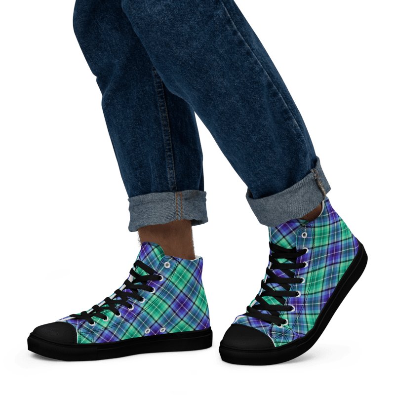 Bright Green and Purple Plaid Men's High Top Shoes product image (5)