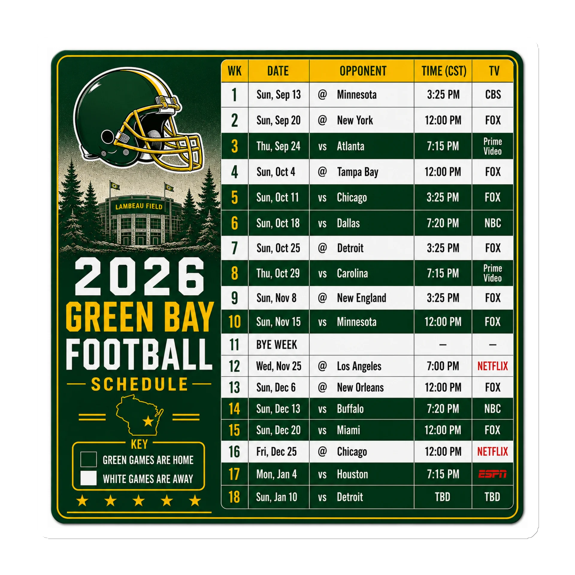 Green Bay 2026 Football Schedule Magnet product image (1)