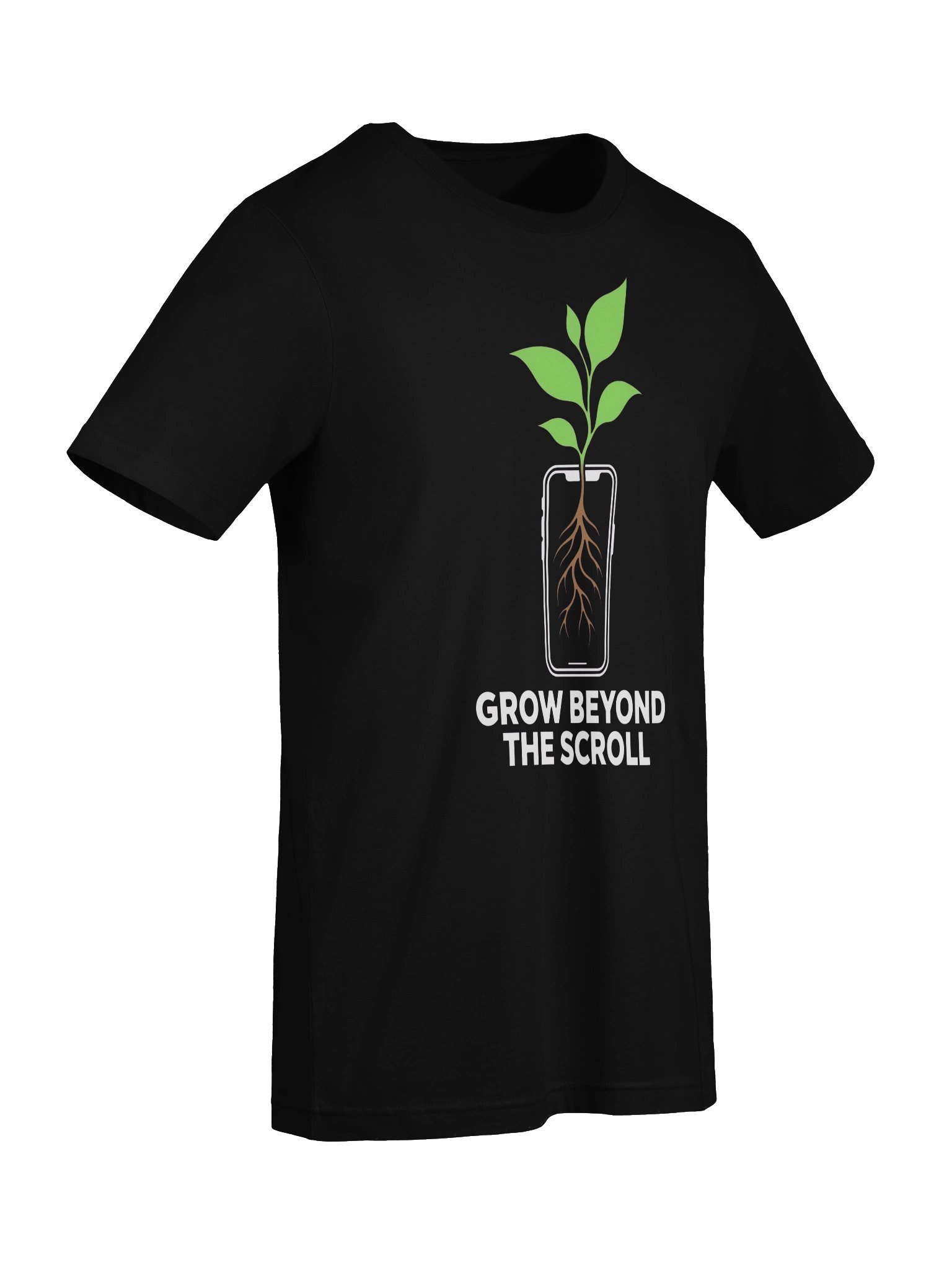 Grow Beyond the Scroll Plant Phone T-Shirt – Black Edition product image (5)