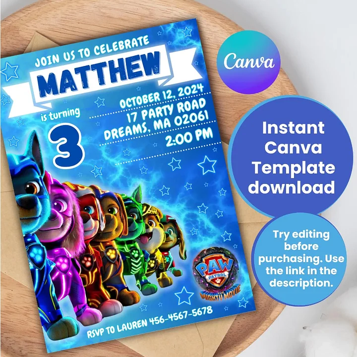Paw Patrol The Mighty Movie Birthday Invitation - Canva - Super Paw patrol product image (1)