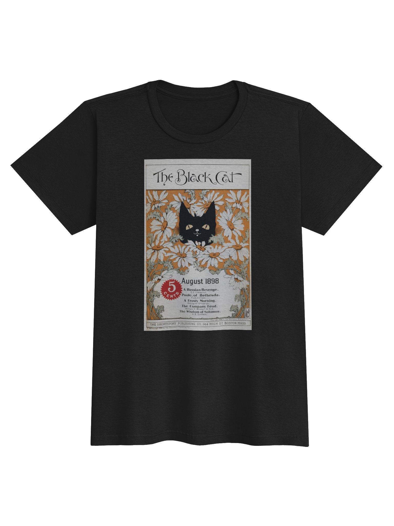 Vintage Black Cat Magazine Vintage Black Cat magazine cover tee with peeking black cat amidst white daisies. Semi-fitted Gildan Womens Softstyle Tee product image (1)