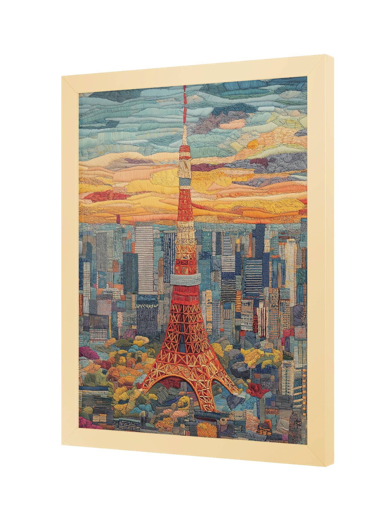 Golden Hour in Tokyo | Embroidery-Style Wall Art — Framed Print product image (22)