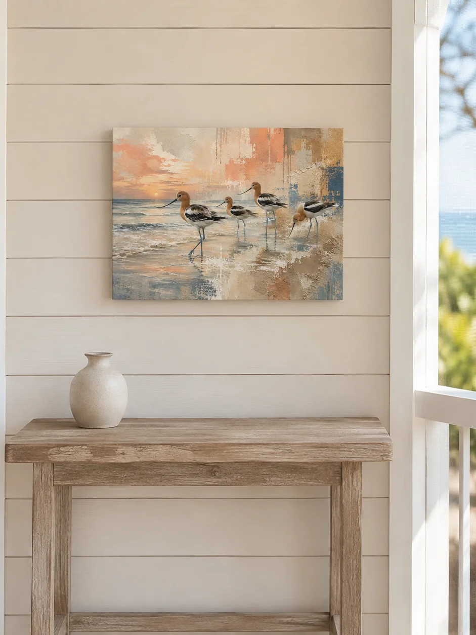 Tidal Gathering – Textured Avocet Coastal Canvas Art product image (1)