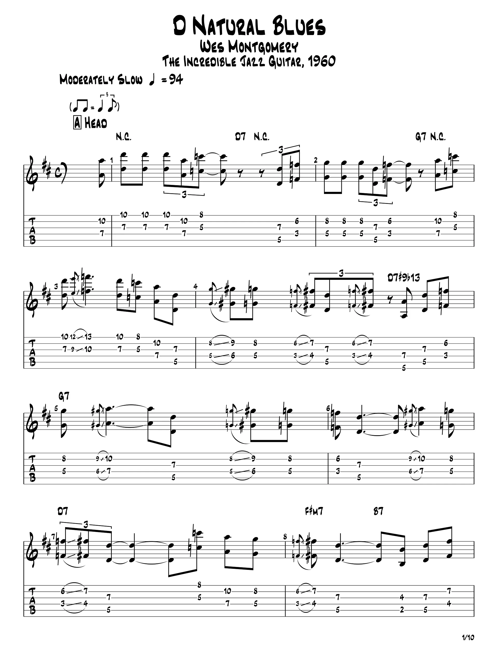 Wes Montgomery – D Natural Blues (Essential Jazz Blues Solo) Guitar Transcription PDF product image (2)