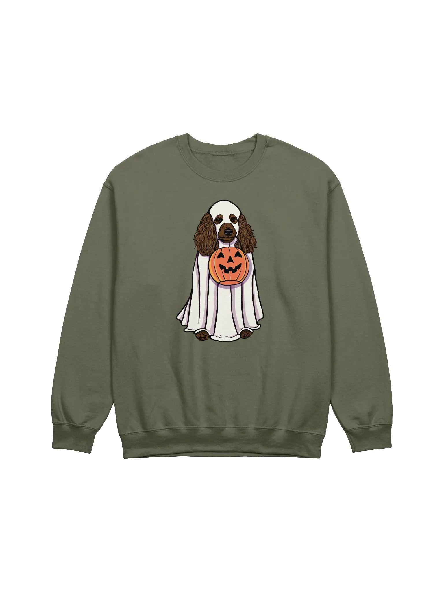 Funny Halloween Poodle(Chocolate) Sweatshirt | Funny Papillon Wearing a Ghost Costume and Holding a Pumpkin Basket product image (1)