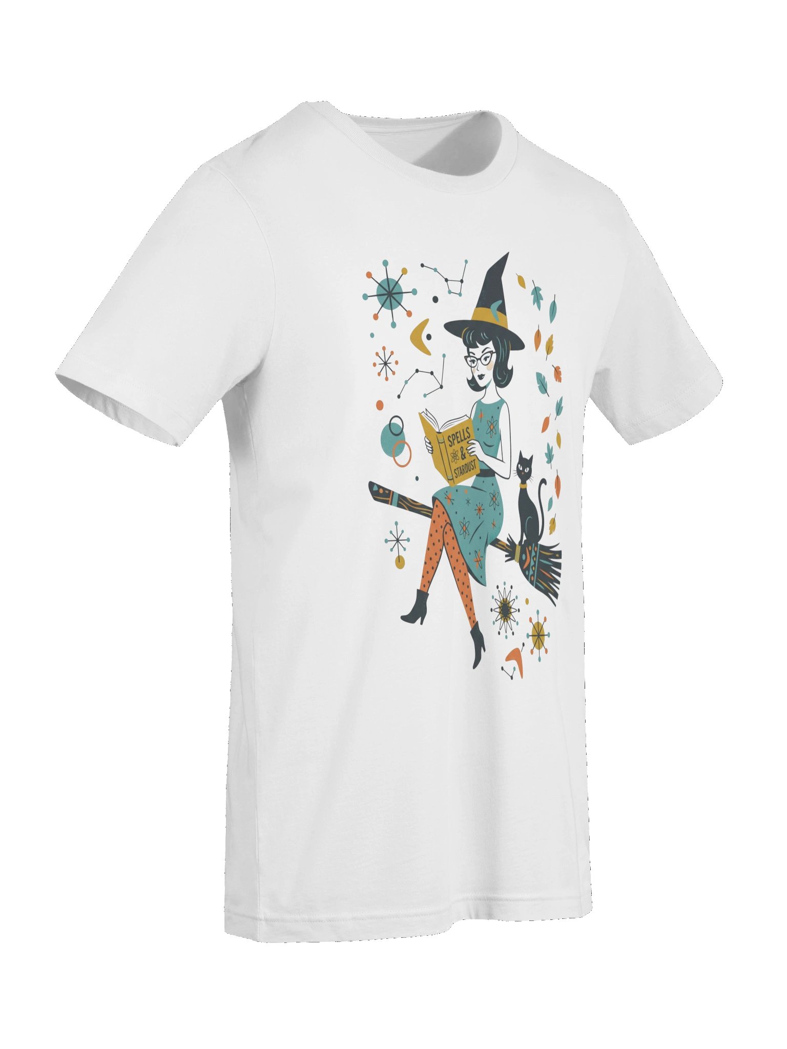 Retro Witch T-Shirt | Mid-Century Halloween Black Cat & Broom Tee product image (7)