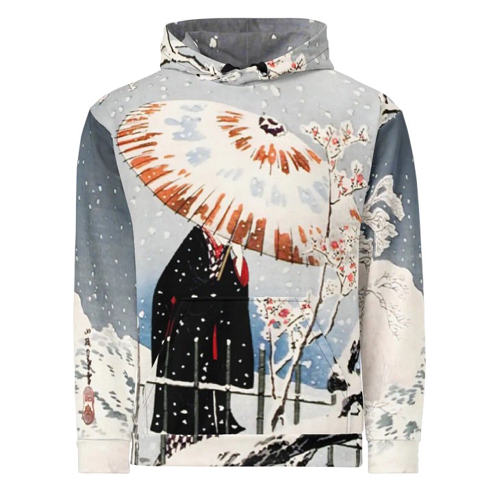 Plum Tree and Snowy Evening All-Over Print Recycled Unisex Hoodie product image (1)