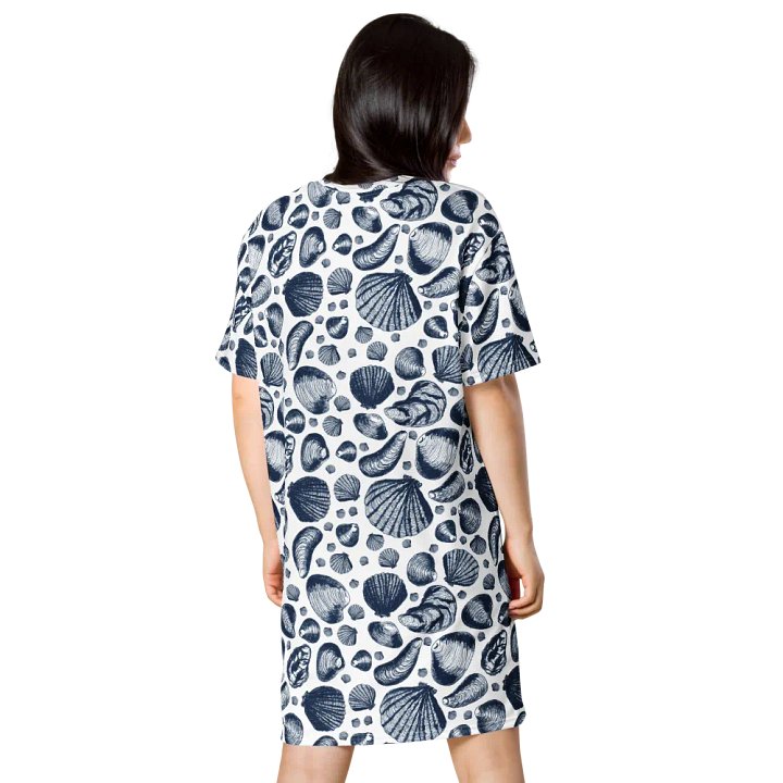 New England Tidal Treasures | T-Shirt Dress | Seashell Print, Oversized & Comfy | Dark Blue on White product image (2)