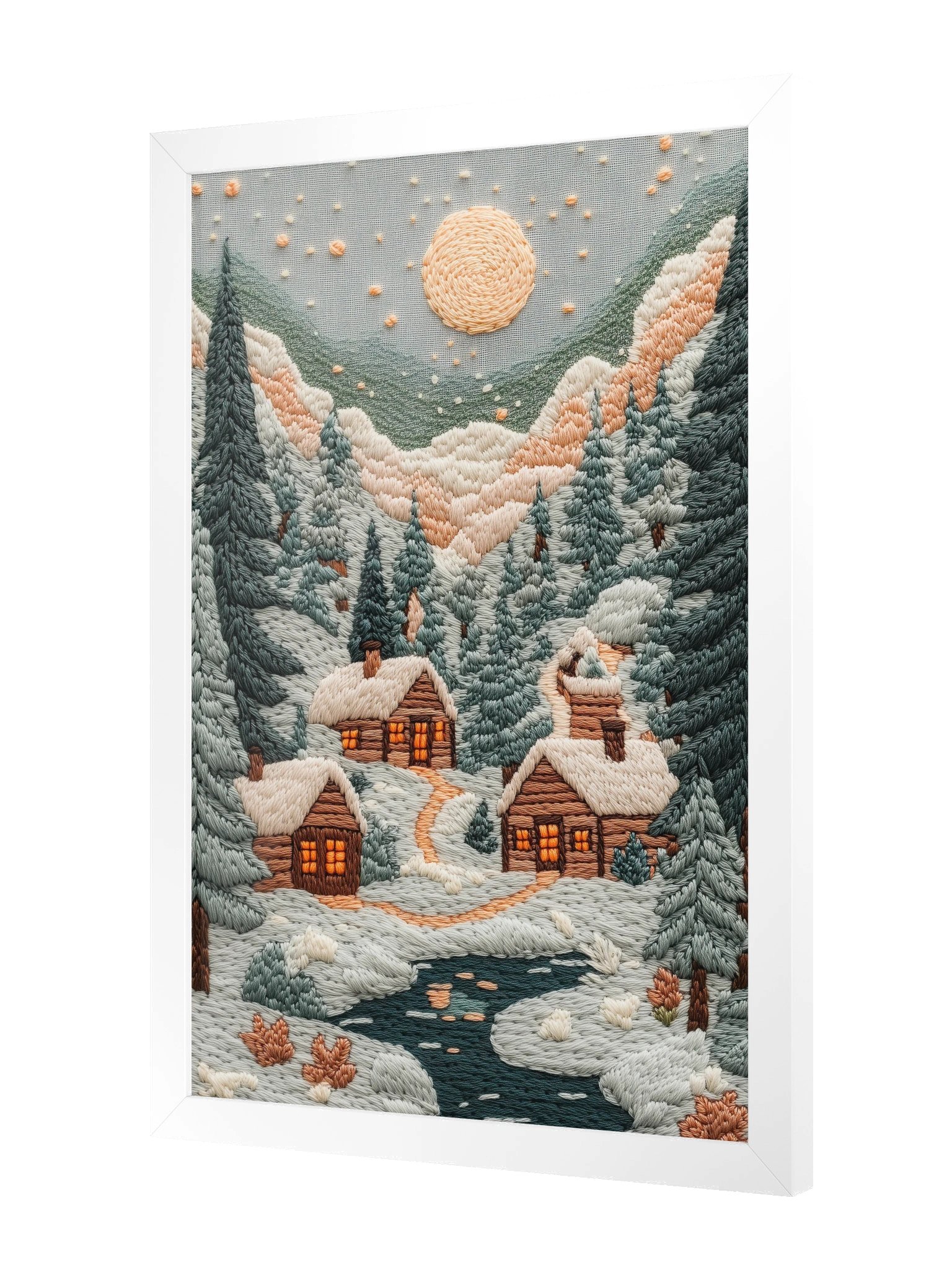 A Little Winter Village in Norway | Embroidery-Style Wall Art — Framed Print product image (10)