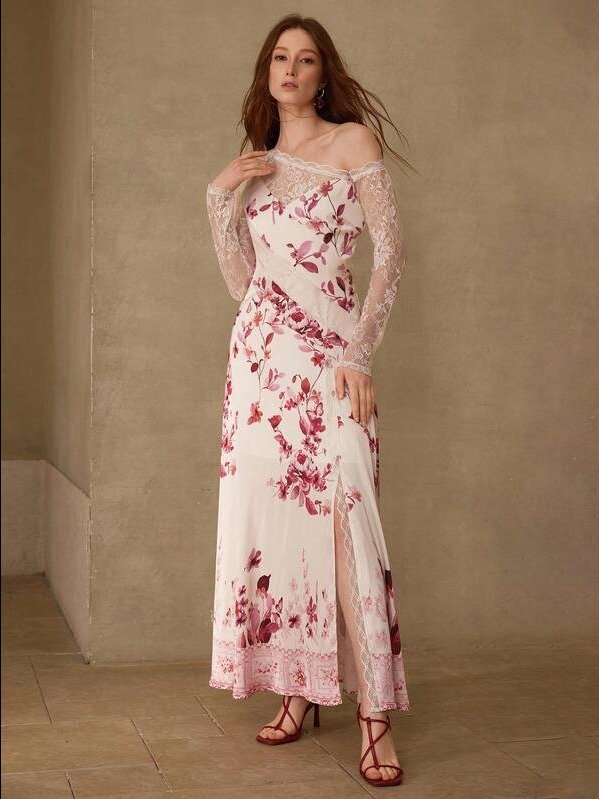 MOTF PREMIUM WOMEN'S ROMANTIC ELEGANT CONTRAST LACE FLORAL PRINT DRESS, SPRING/SUMMER product image (1)