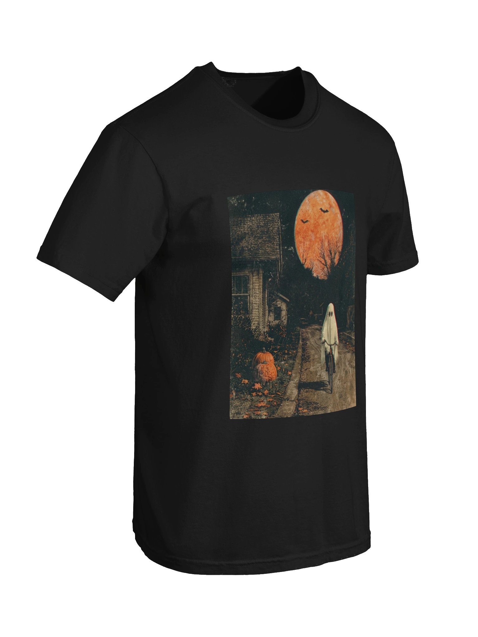 Vintage Halloween Ghost Bicycle T-Shirt | Retro Spooky Night Graphic Tee | Cute Ghost Pumpkin Moon Shirt product image (12)