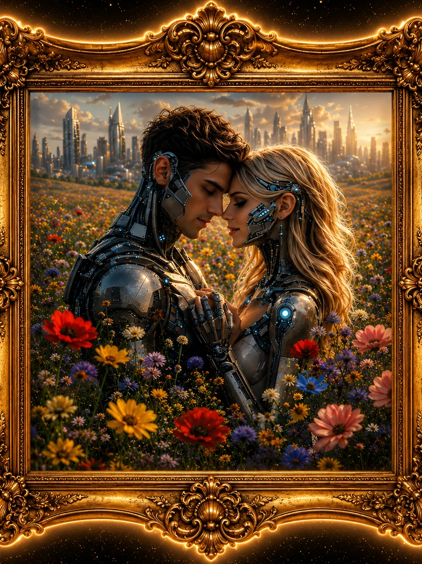 Cyborgs in the Wildflowers | Futuristic Love Wall Art product image (1)