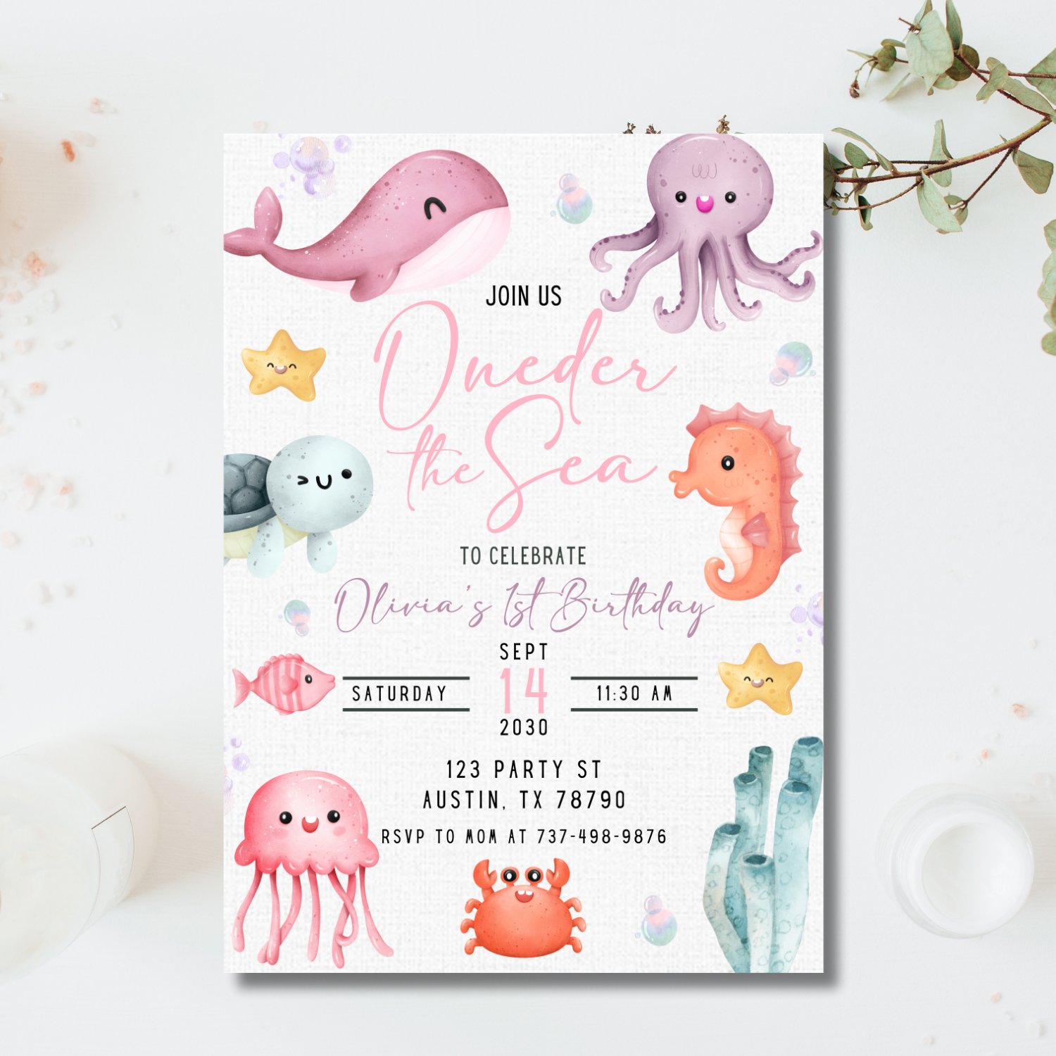 Oneder the Sea Birthday Invitation | Girl 1st Birthday Party Under the Sea | Editable Canva Template | Ocean Mermaid Sea Animals Theme product image (4)