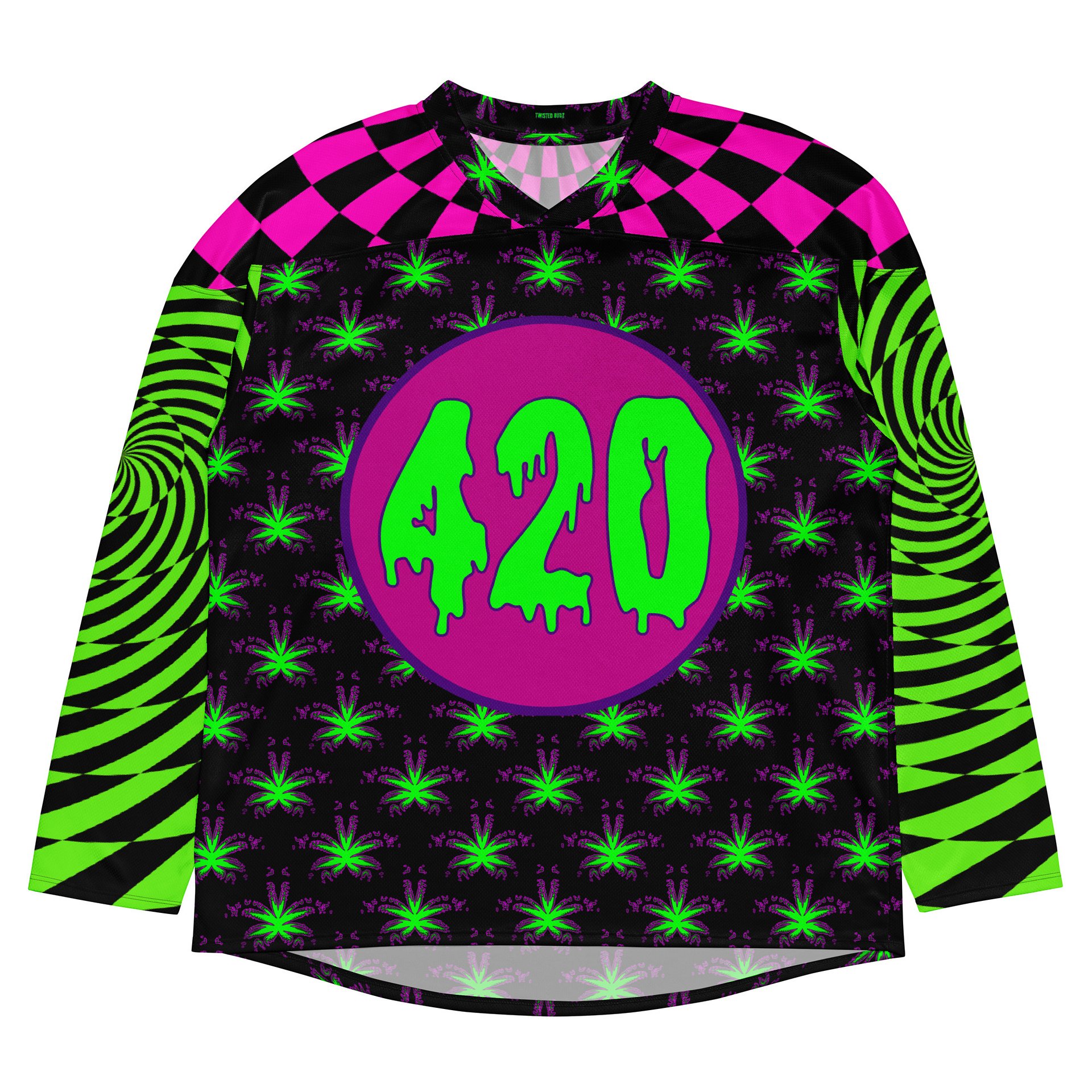 Twisted 420 Weed Rave Hockey Jersey, Psychedelic Spiral EDM Festival Shirt, Pot Leaf Trippy Techno Top, Neon Green Pink Cannabis Clothing product image (5)