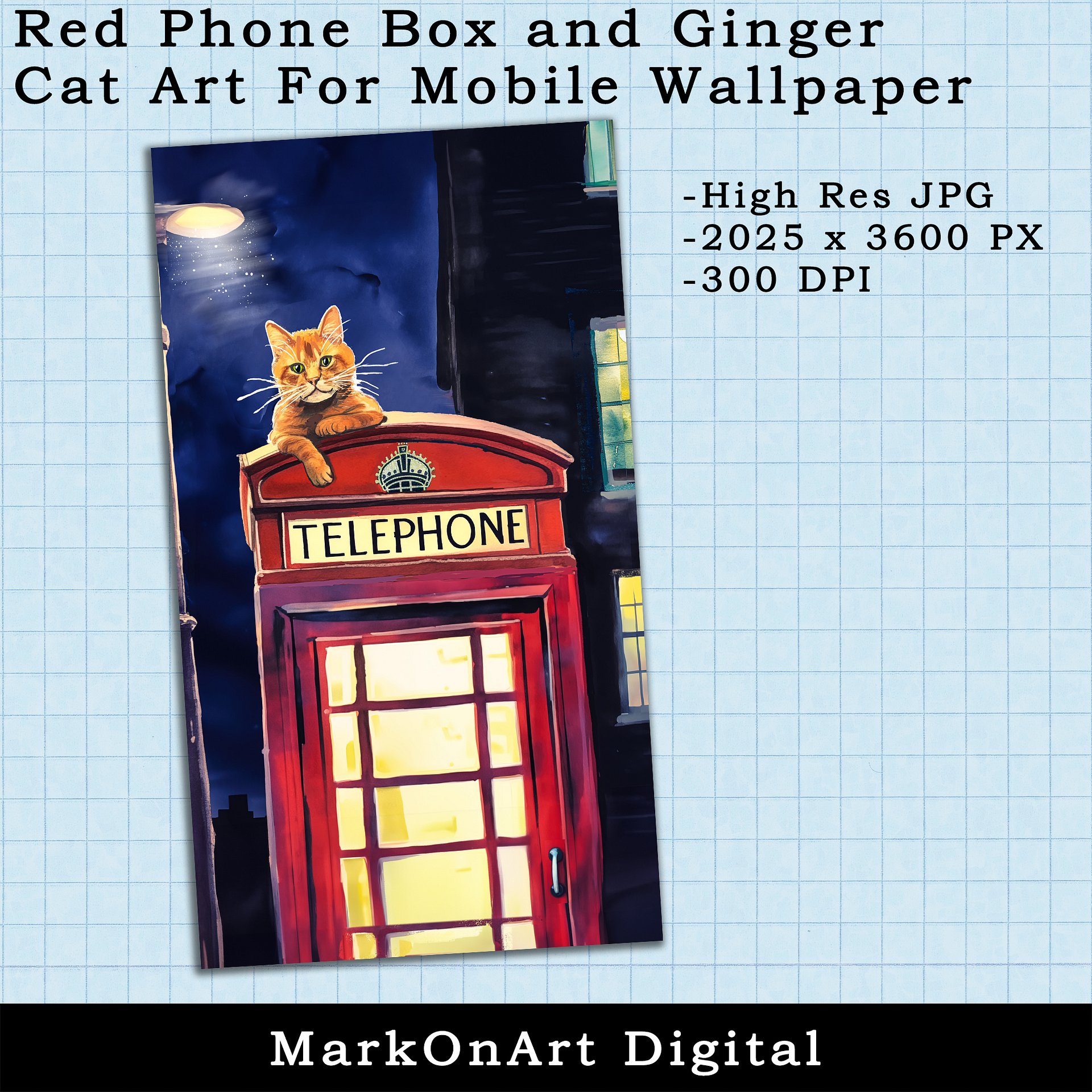 Red Phone Box & Ginger Tabby Cat Art For Mobile Phone Wallpaper or Lock Screen | High Res for iPhone or Android Cellphones product image (2)