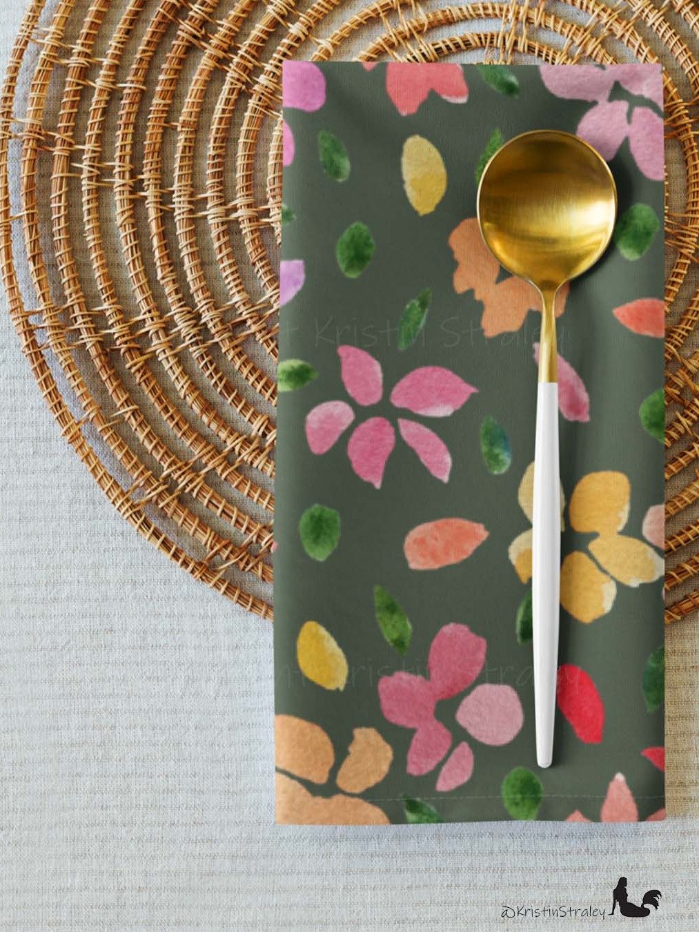 Spring Flowers on Olive Green Cloth Napkin Set of 4 product image (6)