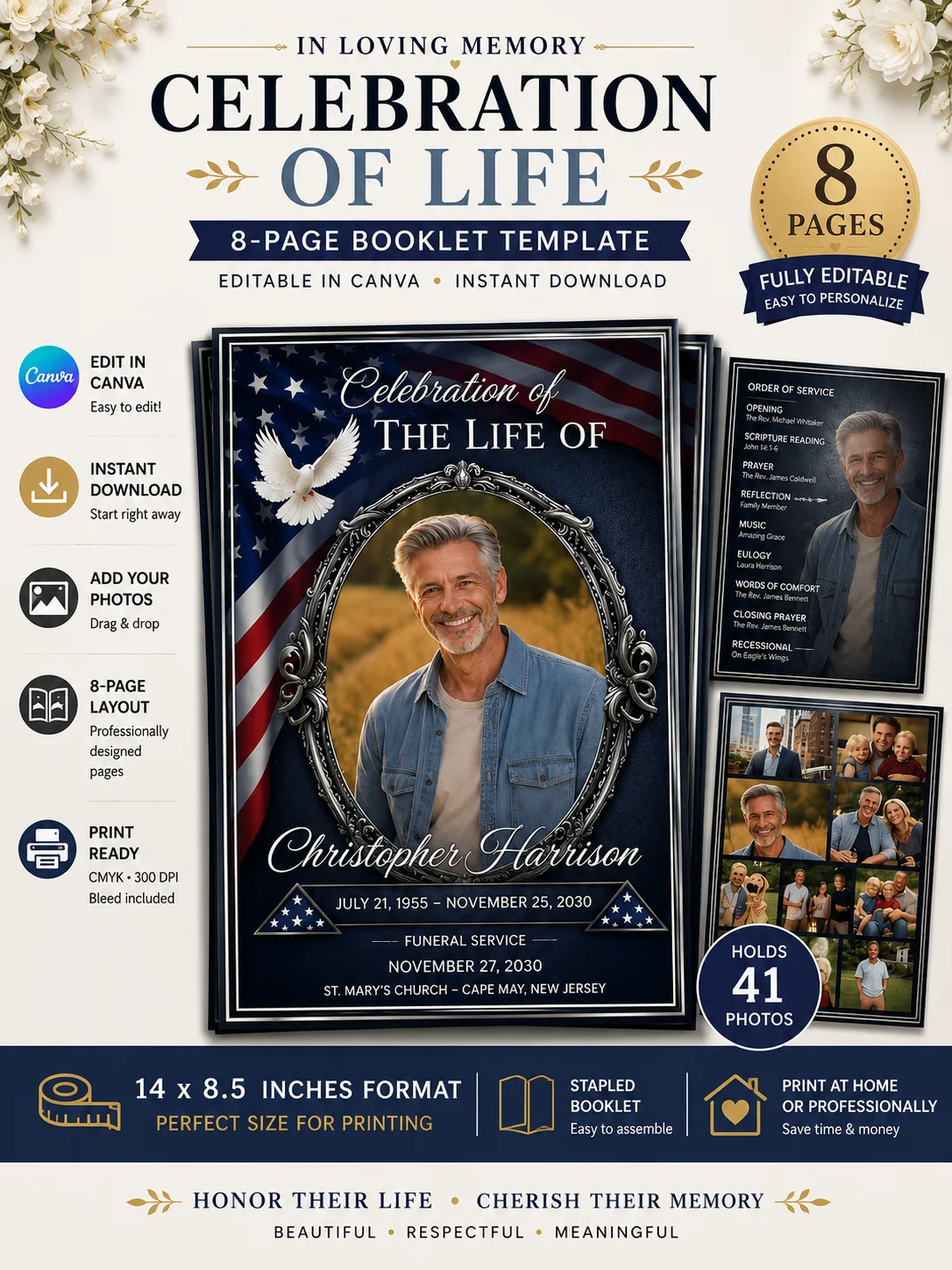Military Veteran Obituary & Celebration of Life | 8-Page Funeral Program Canva Template product image (1)