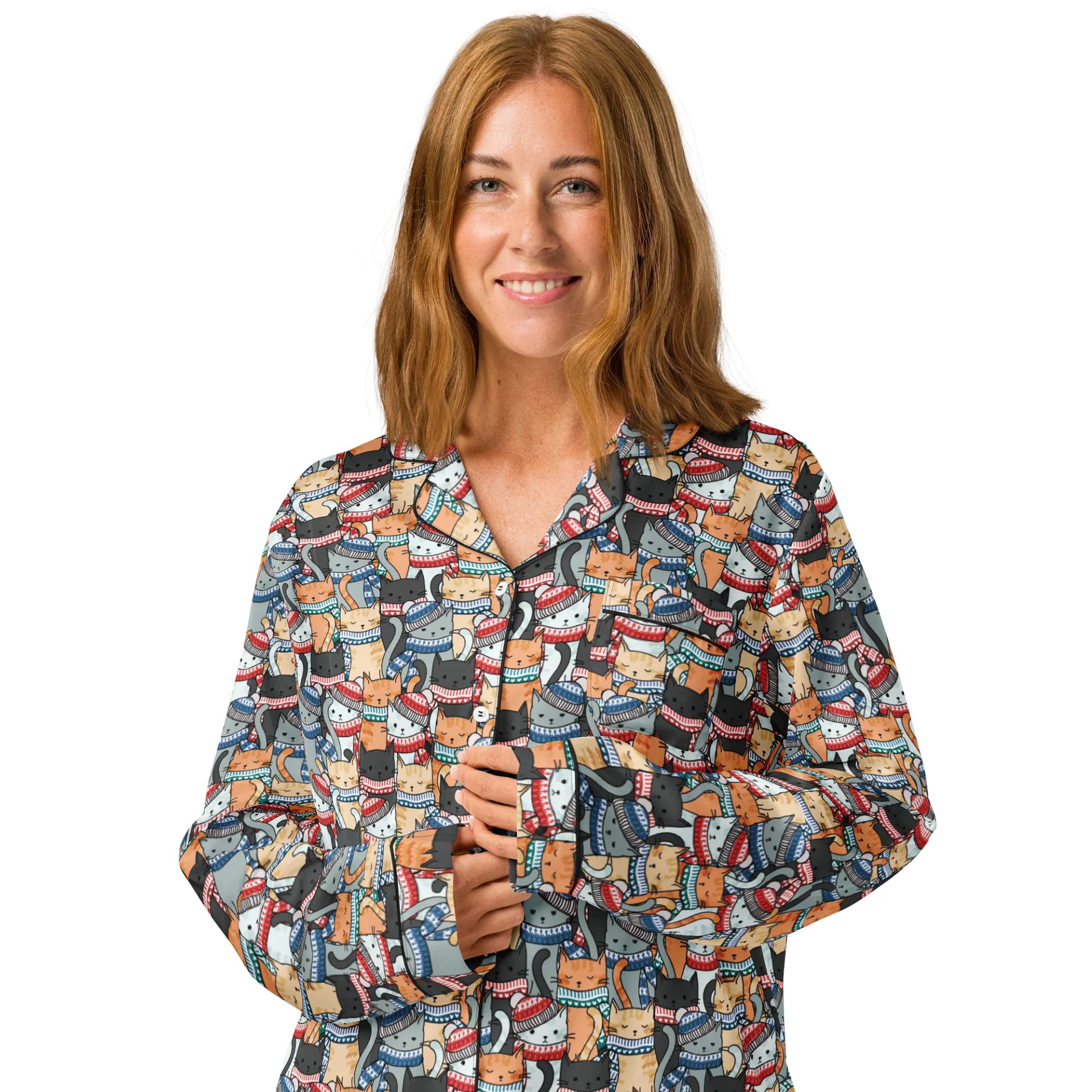 Cats in Winter Hats & Scarves Pattern Pyjama Shirt product image (4)