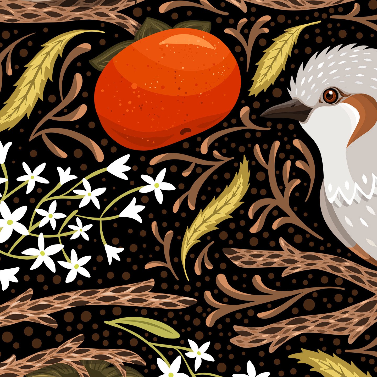 Brown Eared Bulbul & Persimmons - Bird Art Print product image (5)