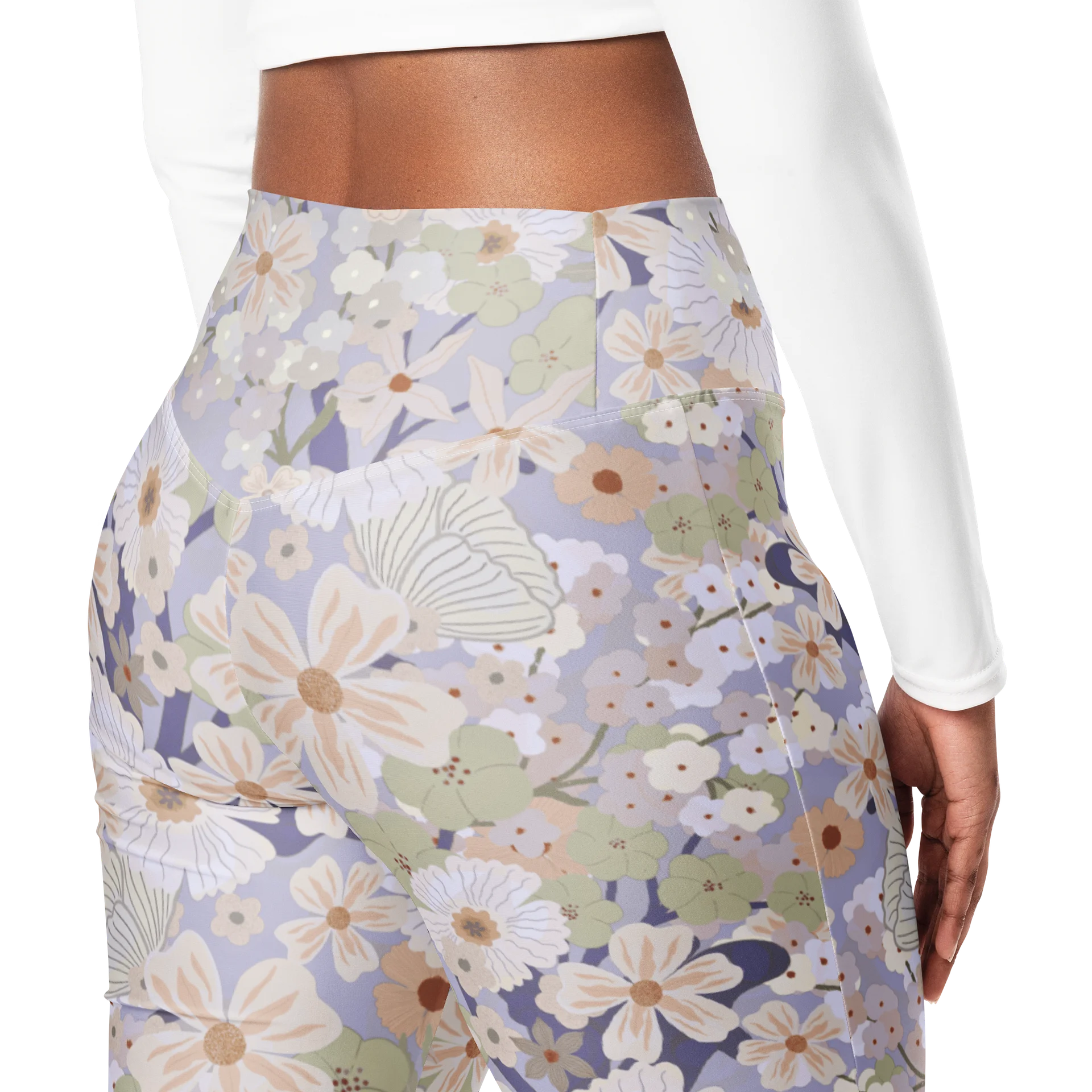 Khaki Green Blue Floral Flare Yoga Leggings product image (5)