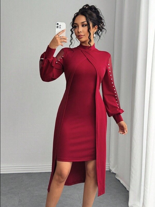 ADLEST EMERY ROSE 1pc Women Elegant Mesh Contrast Round Neck Shift Dress, For Autumn Maxi Women Outfit Fall Cloth For Women product image (2)