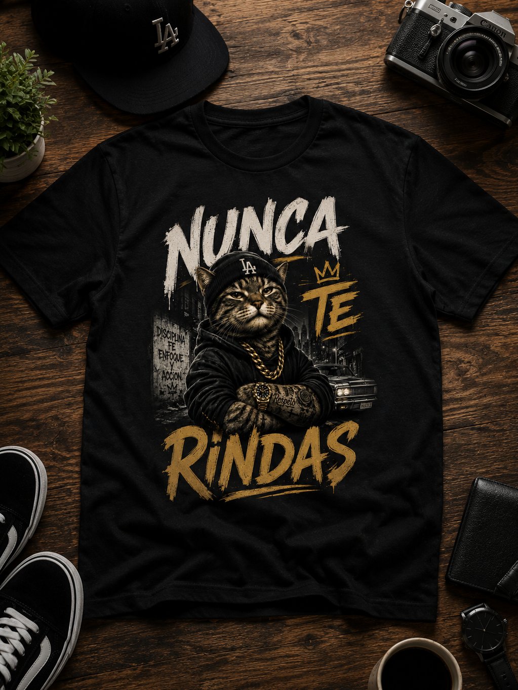 Camiseta Nunca Te Rindas – Diseño Urbano Streetwear de Gato Gangster Motivacional product image (4)
