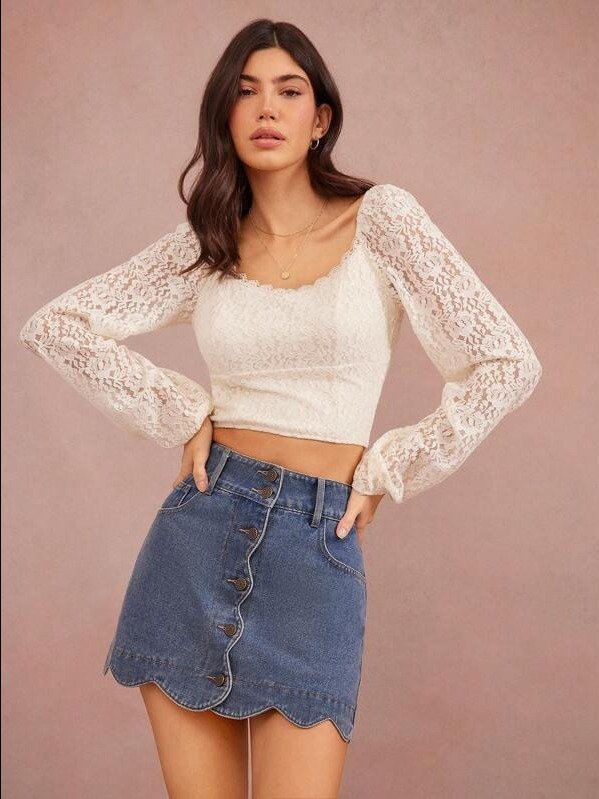 ADLEST High Waist Button Front Cute Scalloped Western Denim A Line Mini Skirt, Summer Beach Vacation Brunch product image (2)