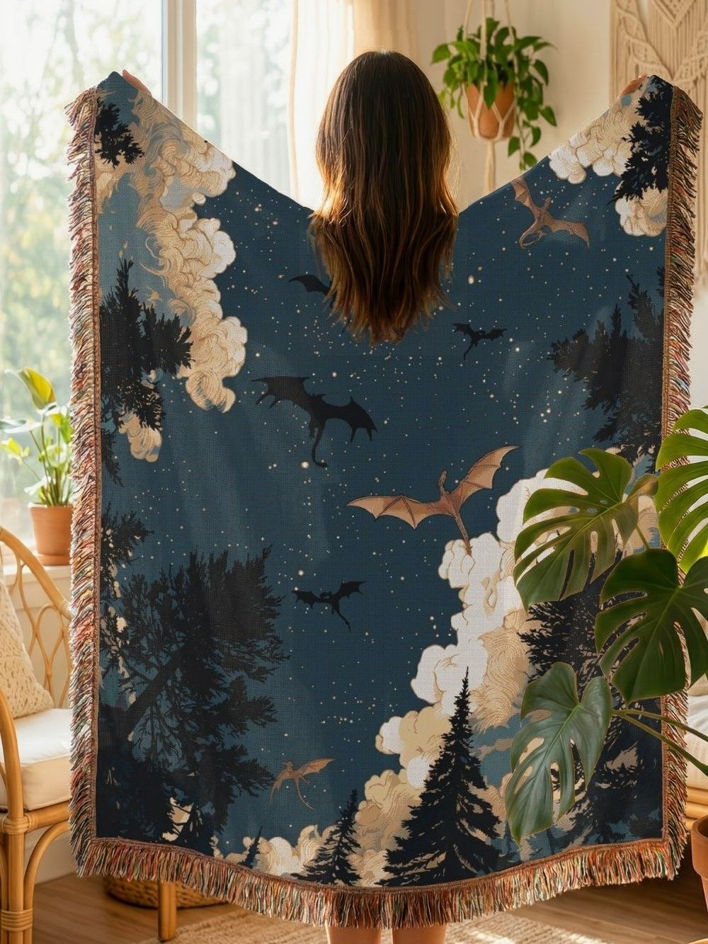 Dark Academia Dragon and Stars Woven Throw – Celestial Woodland Tapestry Blanket product image (3)