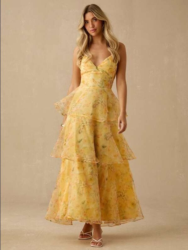 ADLEST Women's Floral Print Layered Ruffle Hem Elegant Spaghetti Strap Dress product image (1)