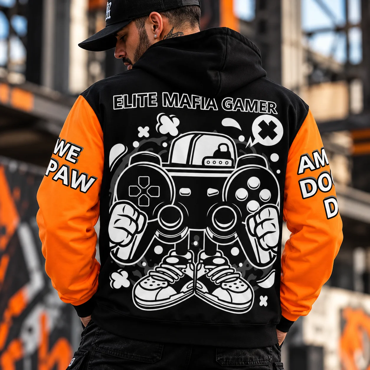 Elite Mafia Gamer Zip Hoodie – Black & Orange Statement Sleeves product image (2)