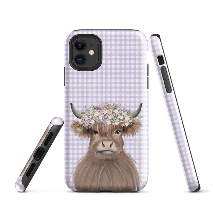 Floral Highland Cow Tough iPhone® Case Lavender Gingham Cottagecore Statement product image (2)