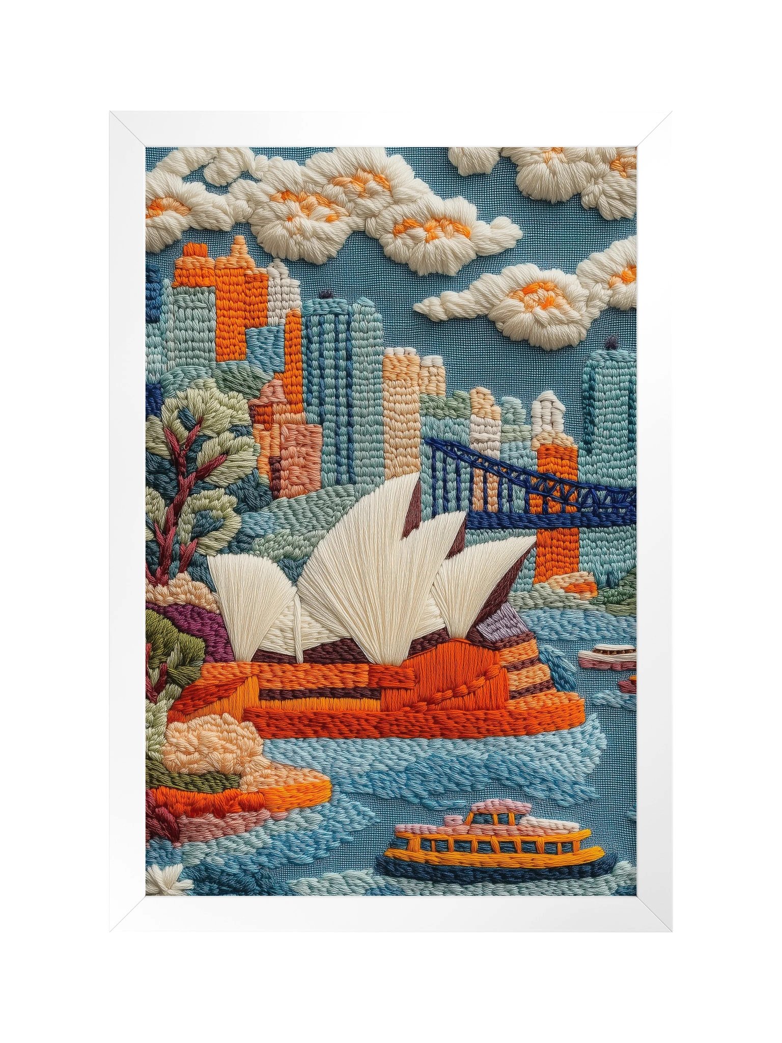 A Day by Sydney Harbour | Embroidery-Style Wall Art — Framed Print product image (1)