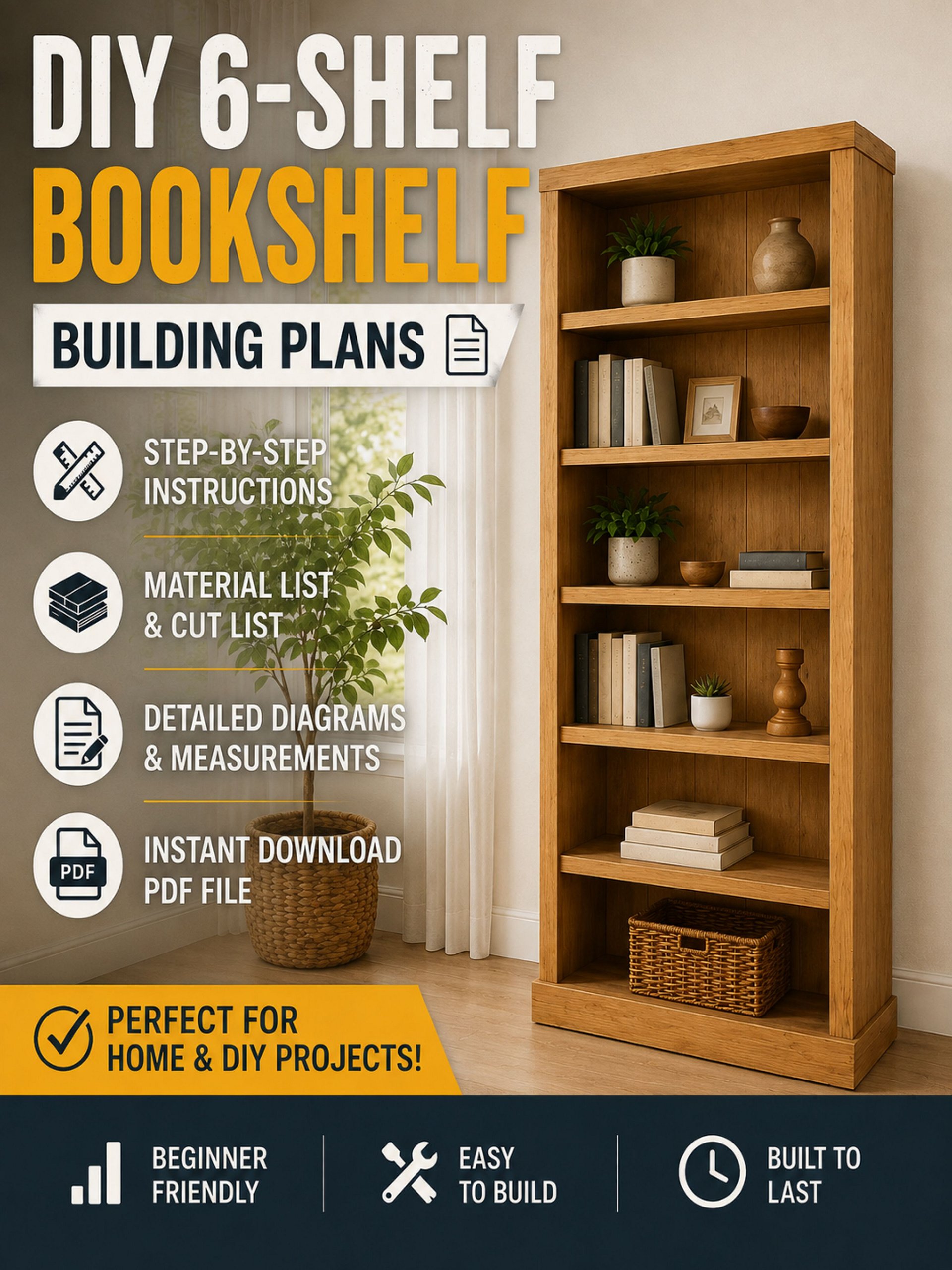 DIY 6-Shelf Bookshelf Plan | Woodworking Plans product image (1)