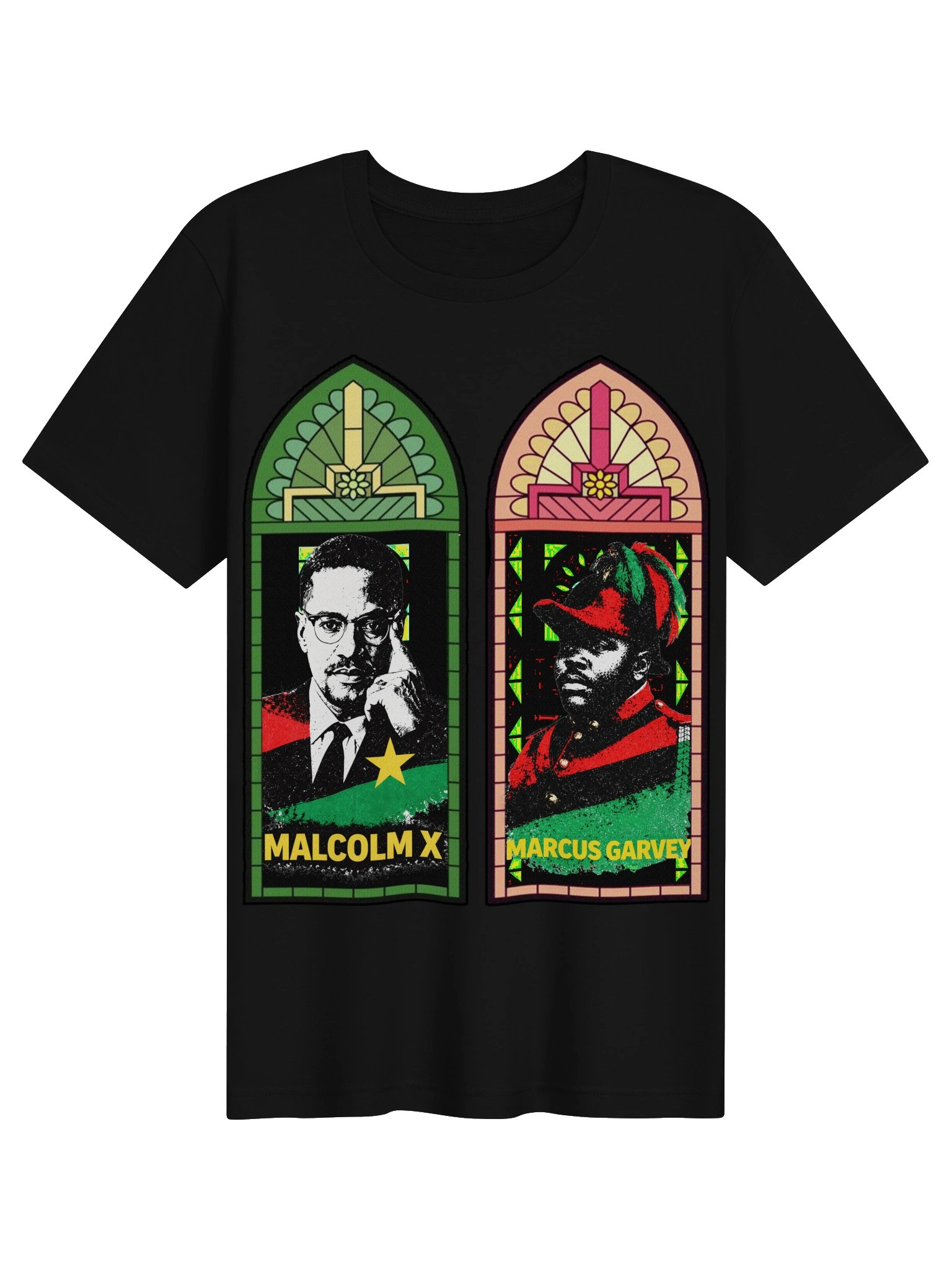 Malcolm X & Marcus Garvey Stained Glass Tee – Pan-African Cathedral Art | Black History Civil Rights T-Shirt product image (4)