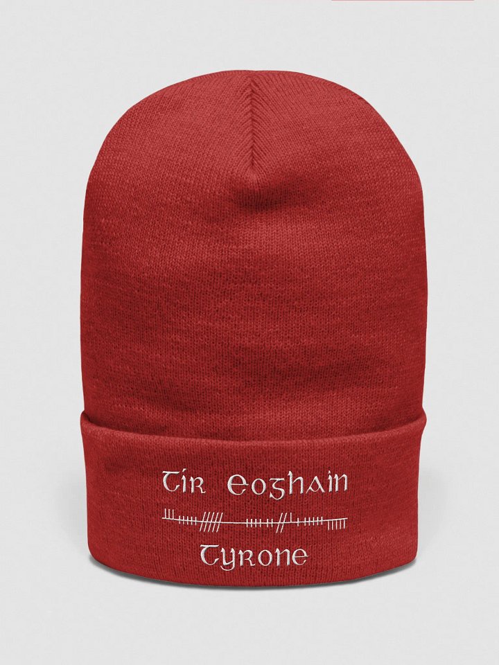 Tyrone/Tír Eoghain, Orthodox style Ogham, red with white, embroidered Cuffed Beanie product image (1)