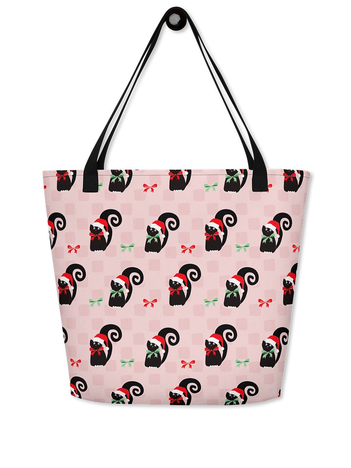 Black Christmas Kitties On Pink Checkerboard – Large Tote Bag product image (1)