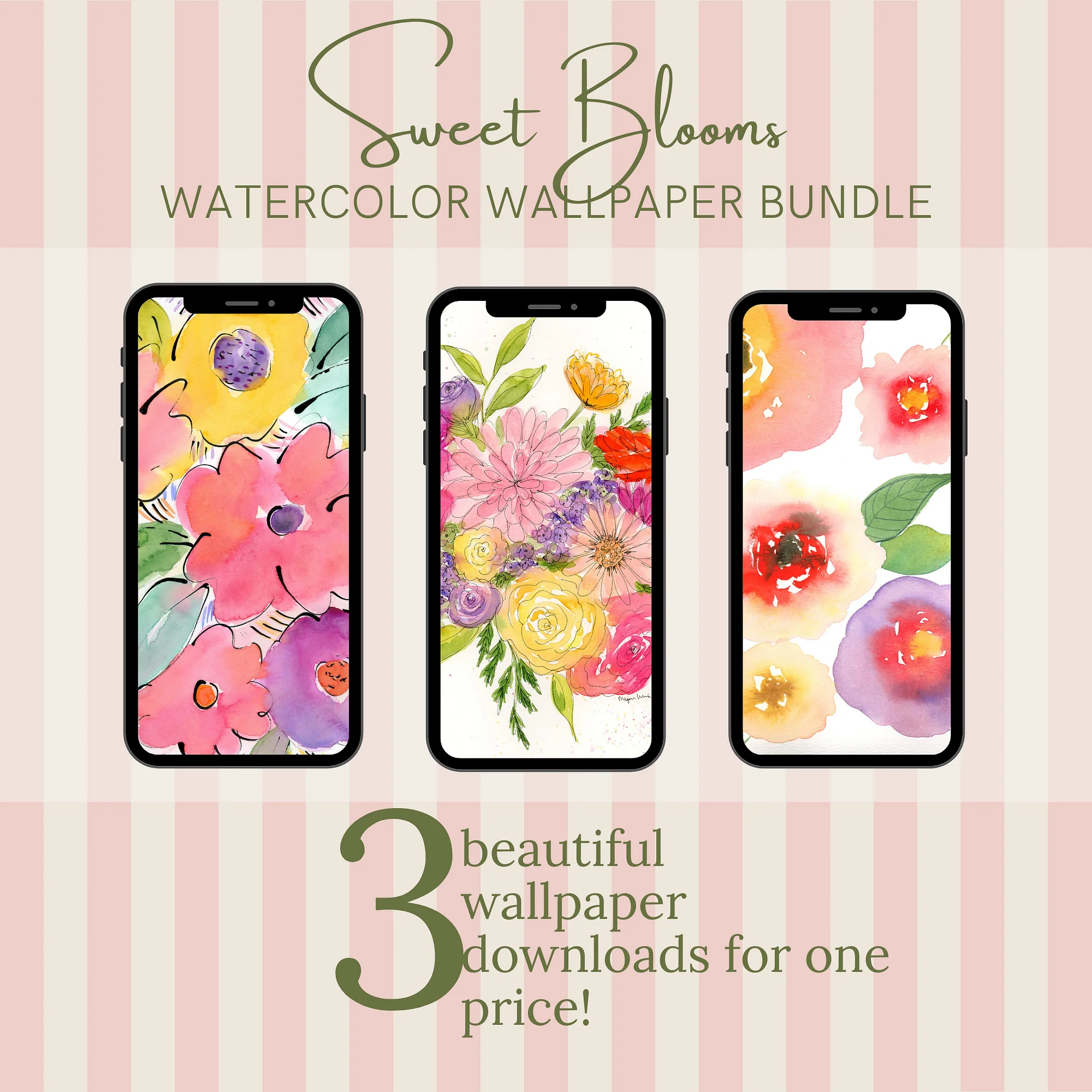 Sweet Bloom Bundle - 3 Original Watercolor Phone Wallpapers product image (1)