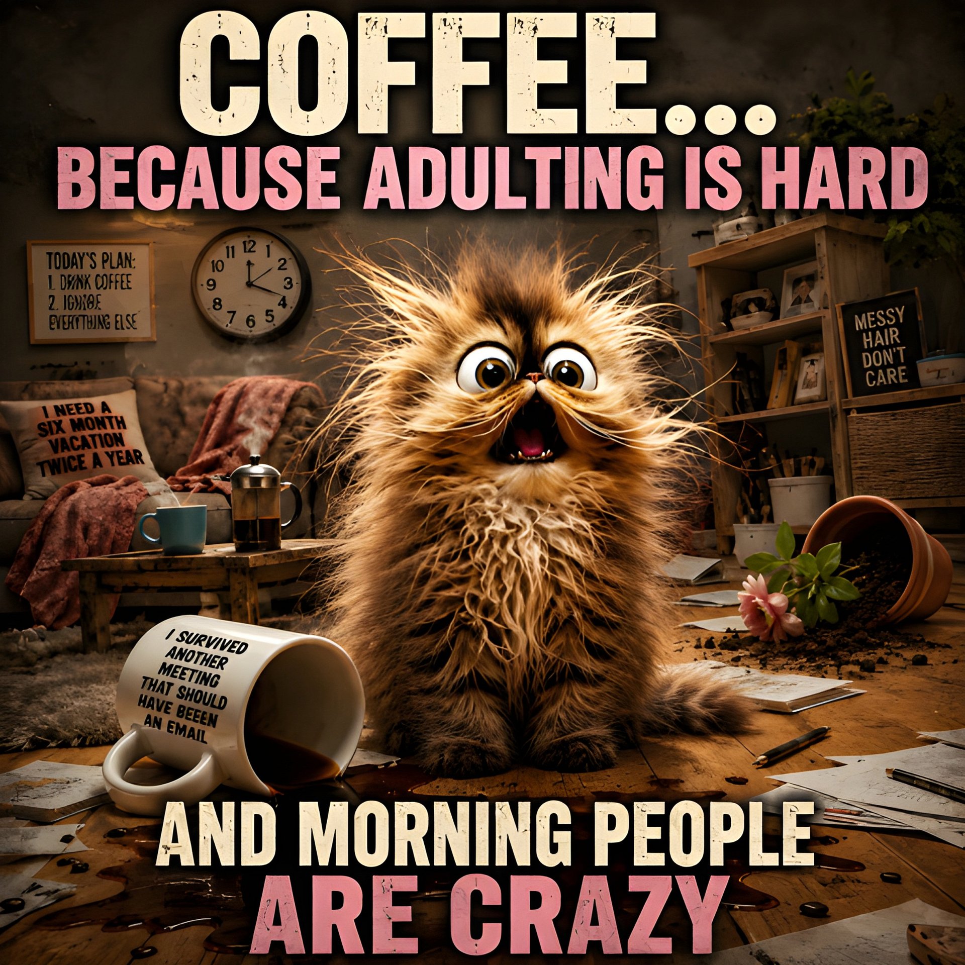 Funny Coffee Cat Wall Art Printable | Adulting Humor, 8x8 Digital Download, 8K, 300 DPI Gift product image (2)
