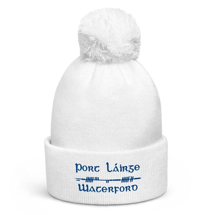 Waterford/Port Láirge, Scholastic style Ogham, white with blue, embroidered Pom-Pom Beanie product image (1)