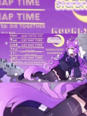 🌙 This week’s Moonlight Schedule! 🐾 Mon 8pm — Pistol Cat: a Bright Stars community pick! 🏴‍☠️ Thu 3pm — Last Pirates with @🐕 Dash-AHHH🦴Puptuber🐾  🤠 Fri 6:30pm — Red Dead Online with YamYan ✨ Sun 8pm — Oblivion Remastered Tue, Wed & Sat are protected cat-nap days 💜 #vtuber #envtuber 