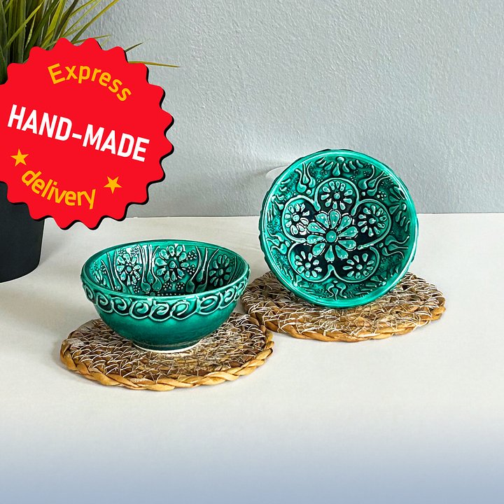 Ceramic snack bowl (8 cm), turquoise/green/emerald — handmade pottery product image (1)