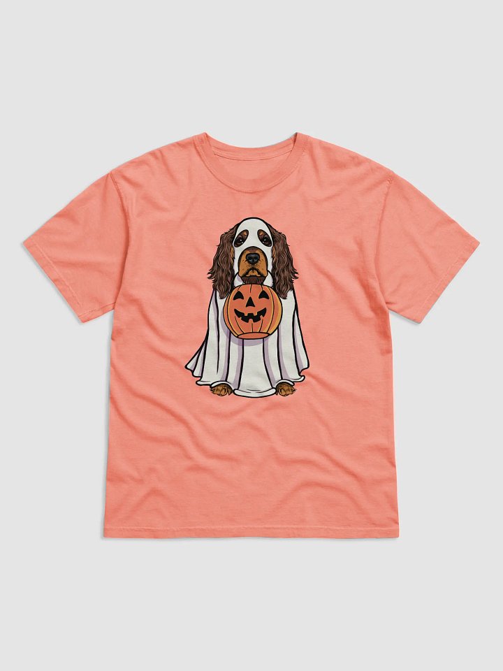 Funny Halloween Cocker Spaniel(Liver & Tan) T-Shirt | Funny Cocker Spaniel Wearing a Ghost Costume and Holding a Pumpkin Basket product image (1)