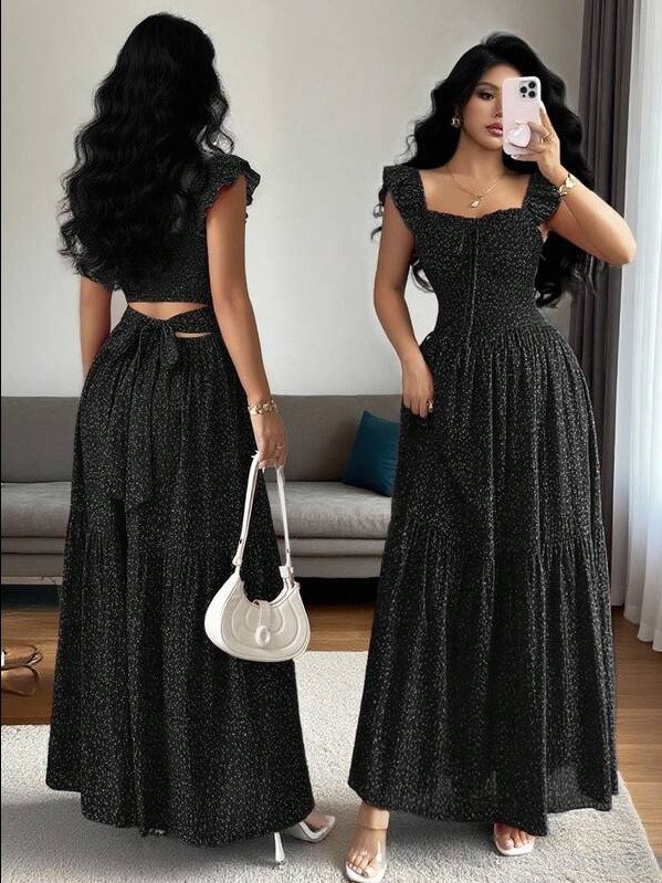 ADLEST French Elegant Casual Vacation Square Neck Lotus Leaf Flying Sleeves Polka Dot Print Texture Plaid Woven Chiffon Material Back Tie Pleated Large Skirt Spring And Summer Red Women Dress Summer product image (3)