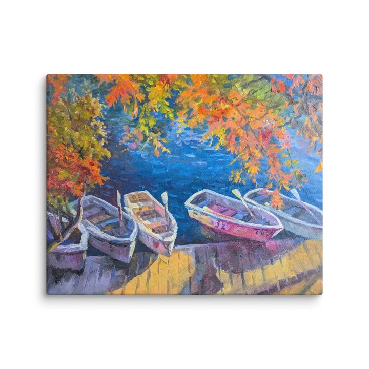 Autumn Maple Leaves and Boats on the Lake-Oil Painting Canvas Print product image (1)