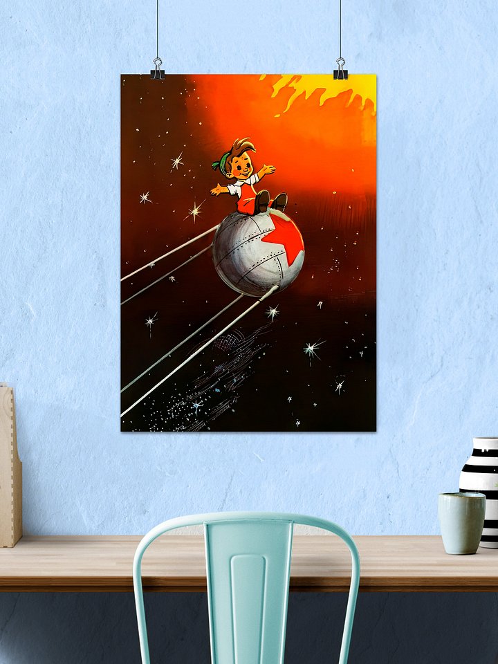 Murzilka on a Sputnik, USSR 1960 — Soviet vintage space art poster, soviet poster, propaganda poster, soviet retro space, space wall art product image (2)