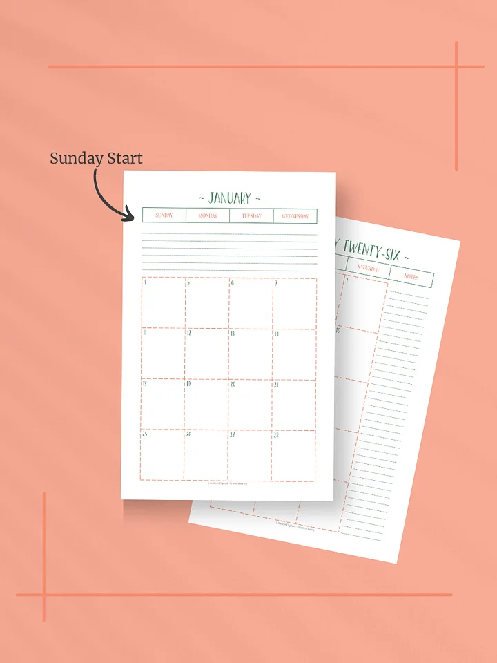 Peachy Green 2026 Calendar - 2 Pages per Month, Sunday Start, Half Letter Size product image (2)