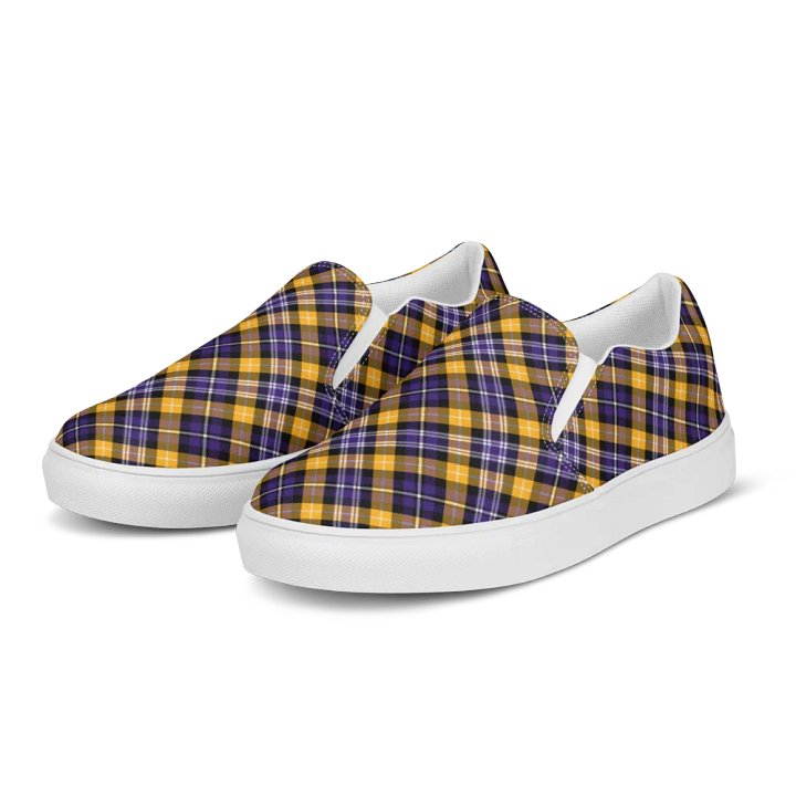Purple and Yellow Gold Sporty Plaid Women's Slip On Shoes product image (2)