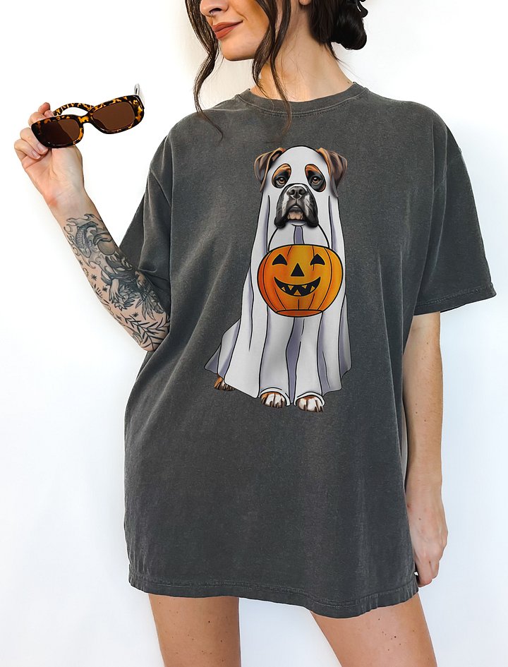 Boxer Dog Halloween Tee | Funny Fall and Halloween Boxer Wearing a Ghost Costume with Pumpkin Basket product image (2)