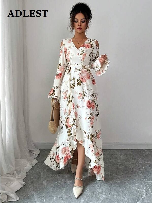 ADLEST | Y2K Women's Elegant, Stylish And Temperamental Long Dresses With Floral Prints, Featuring Off-The-Shoulder Design And Asymmetrical Hems, Autumn, Valentine's Day And Christmas product image (3)